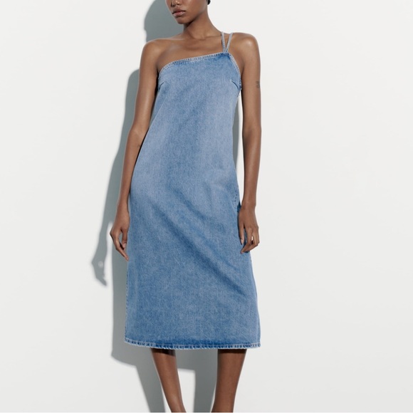 Zara ONE Shoulder Denim Dress Sz L - Picture 1 of 8